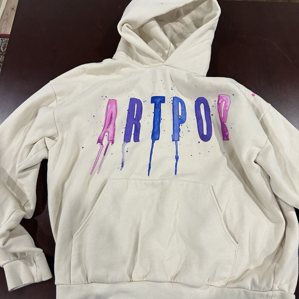 Lady Gaga ARTPOP Hoodie XL Cream Paint Drip Graphic Pullover Hoodie